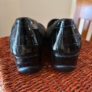 East 5th Black Croc-Embossed Wedges